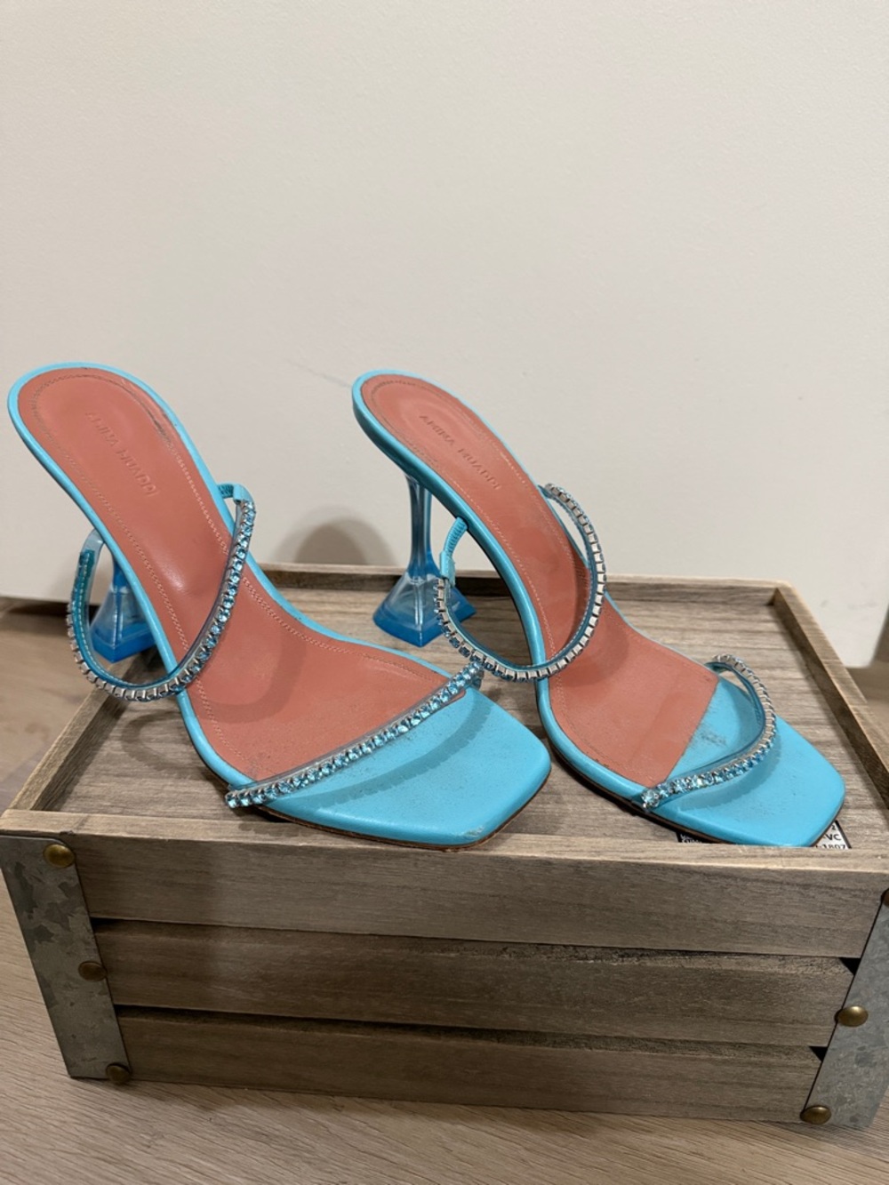 Amina Muaddi Turquoise Crystal-Trim Heeled Sandals